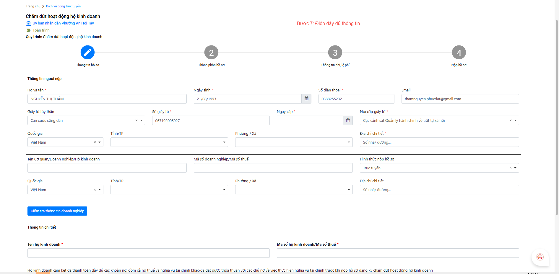 Bước 7: Điền thông tin chi tiết trên màn hình